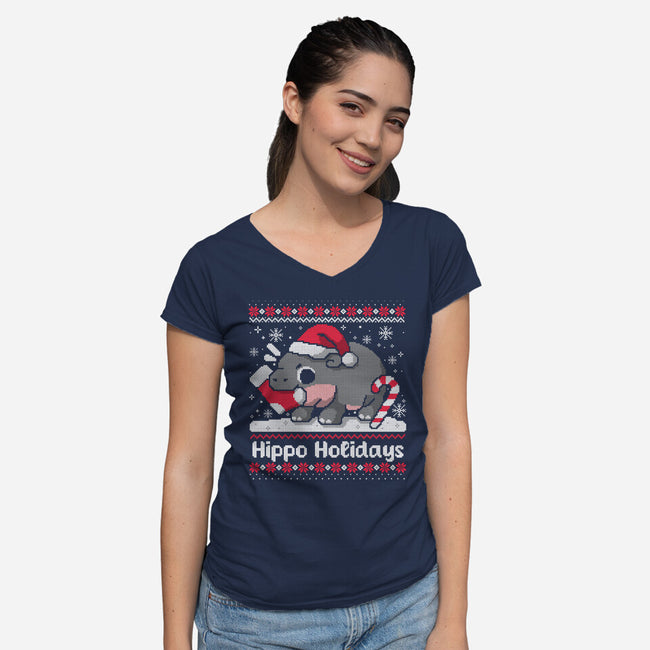 Hippo Holidays-Womens-V-Neck-Tee-NemiMakeit