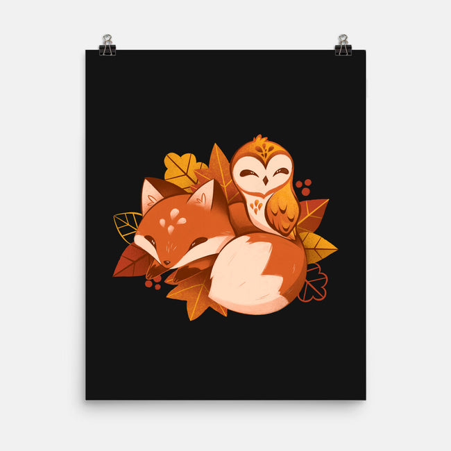 Fox And Owl Autumn-None-Matte-Poster-ricolaa