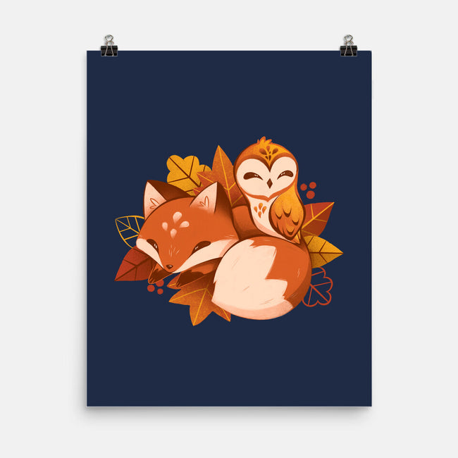 Fox And Owl Autumn-None-Matte-Poster-ricolaa