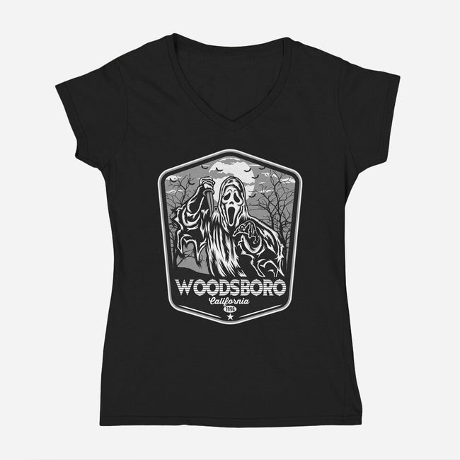 Woodsboro Badge-Womens-V-Neck-Tee-CarloJ1956