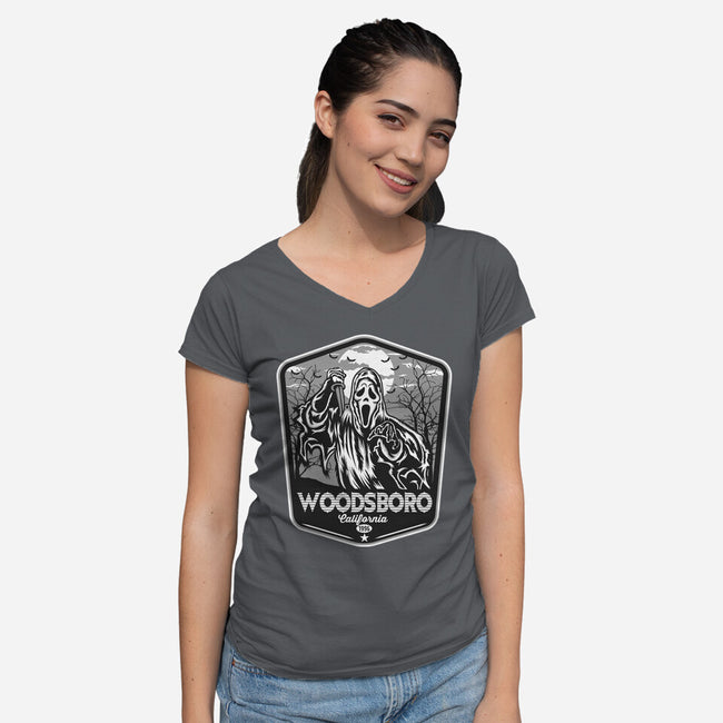 Woodsboro Badge-Womens-V-Neck-Tee-CarloJ1956