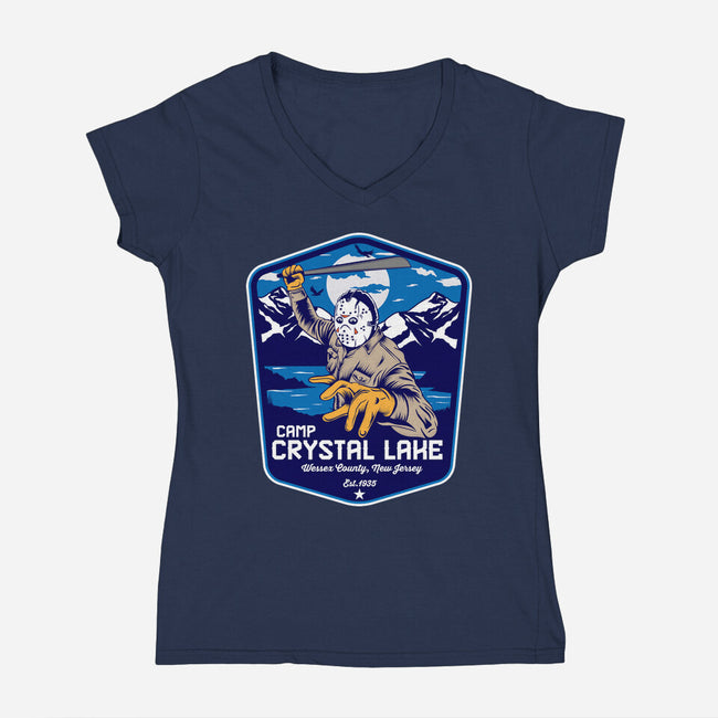 Camp Crystal Lake Badge-Womens-V-Neck-Tee-CarloJ1956