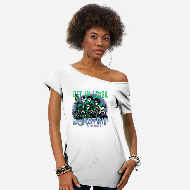 Road Trip To The Afterlife-Womens-Off Shoulder-Tee-glitchygorilla