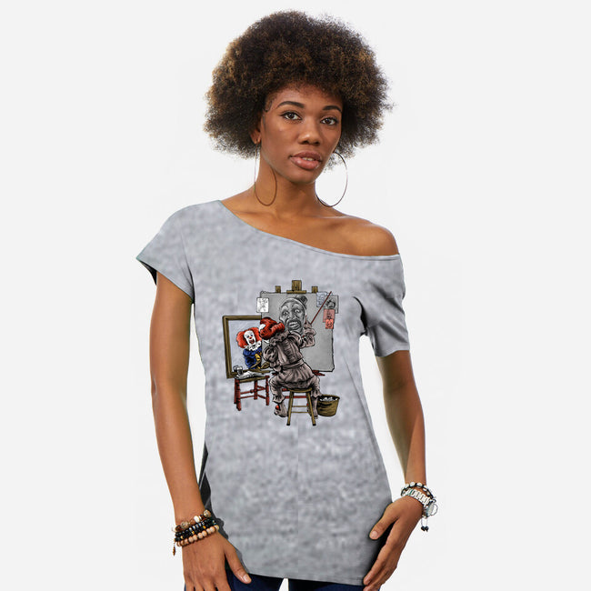 Triple Clown Portrait-Womens-Off Shoulder-Tee-zascanauta