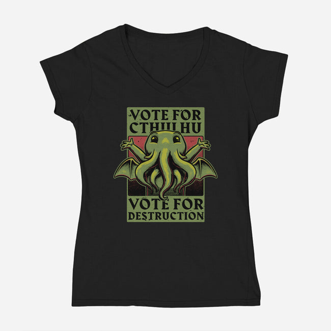 Vote Cthulhu Destruction-Womens-V-Neck-Tee-Studio Mootant