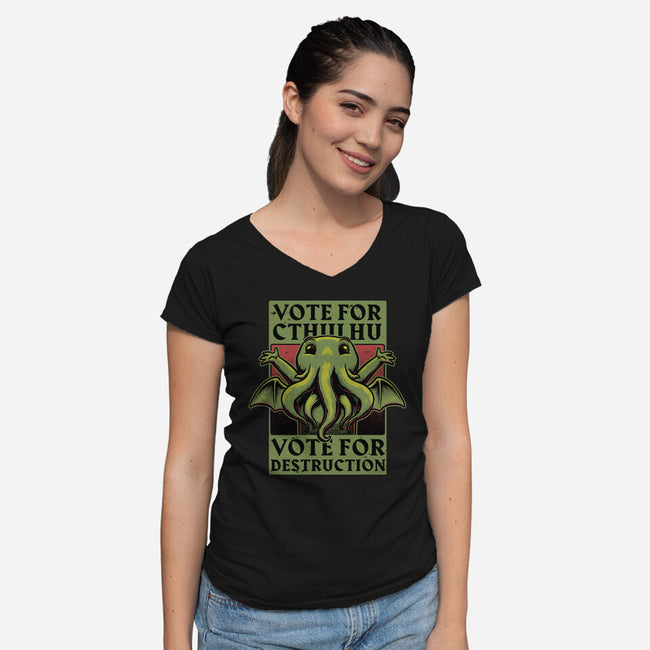 Vote Cthulhu Destruction-Womens-V-Neck-Tee-Studio Mootant