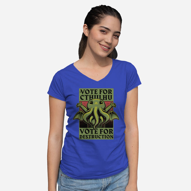 Vote Cthulhu Destruction-Womens-V-Neck-Tee-Studio Mootant