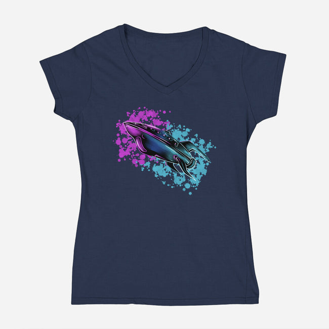 Neon Spaceship-Womens-V-Neck-Tee-nickzzarto