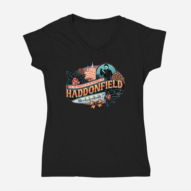 Haddonfield Holidays-Womens-V-Neck-Tee-glitchygorilla