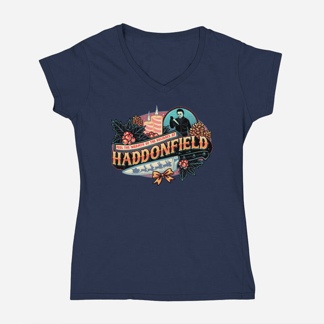 Haddonfield Holidays-Womens-V-Neck-Tee-glitchygorilla