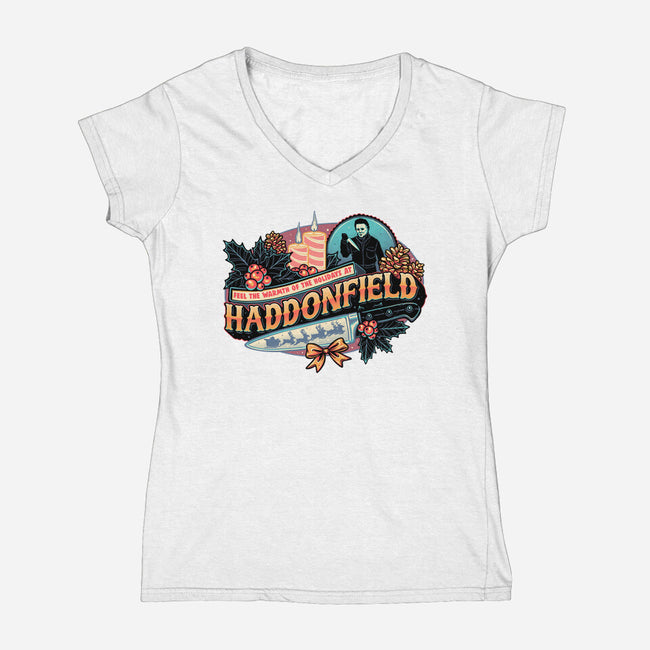 Haddonfield Holidays-Womens-V-Neck-Tee-glitchygorilla