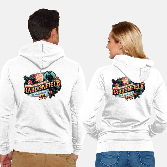 Haddonfield Holidays-Unisex-Zip-Up-Sweatshirt-glitchygorilla