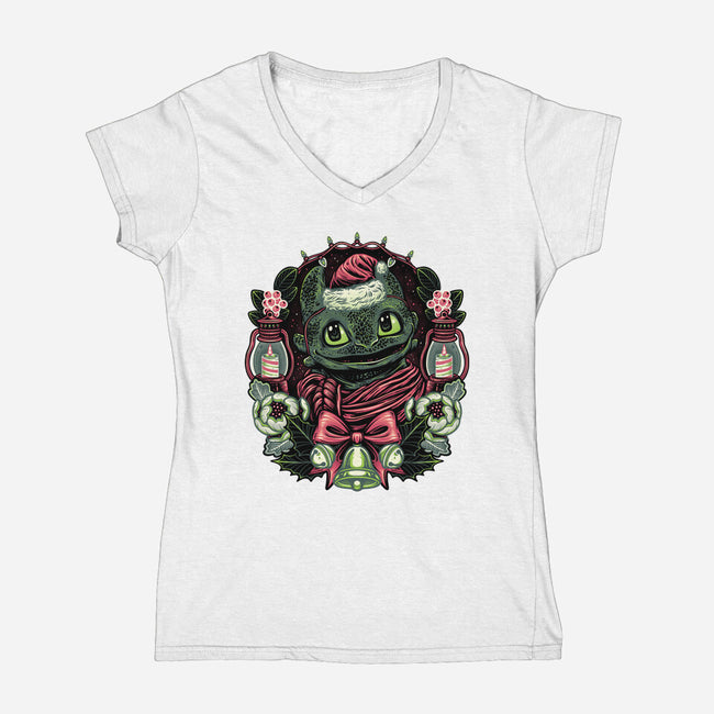 Christmas Dragon-Womens-V-Neck-Tee-glitchygorilla