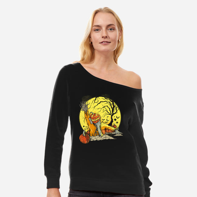 Halloween Rise-Womens-Off Shoulder-Sweatshirt-Green Devil