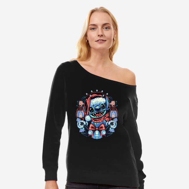 Christmas Alien-Womens-Off Shoulder-Sweatshirt-glitchygorilla