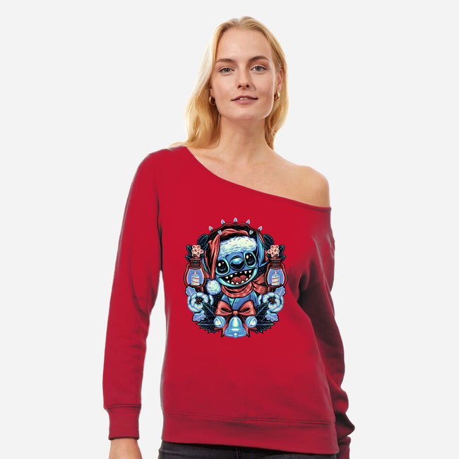 Christmas Alien-Womens-Off Shoulder-Sweatshirt-glitchygorilla