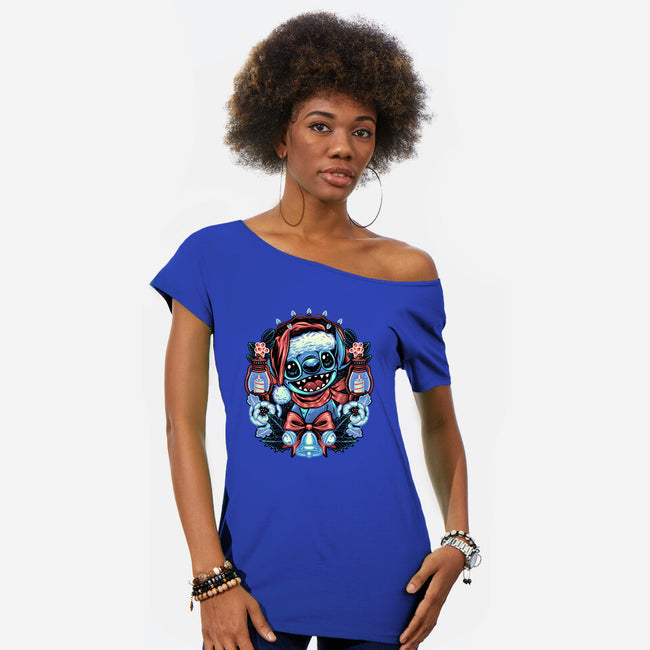 Christmas Alien-Womens-Off Shoulder-Tee-glitchygorilla