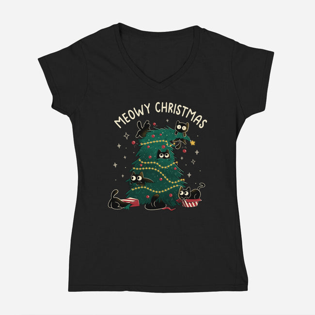 Meowy Christmas Funny Cats-Womens-V-Neck-Tee-tobefonseca