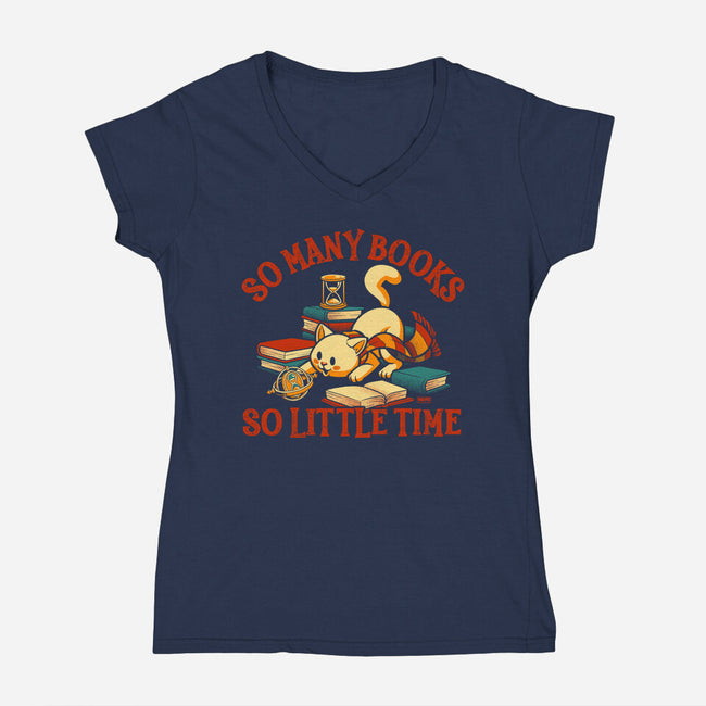 Many Books So Little Time-Womens-V-Neck-Tee-worlddominationforcats