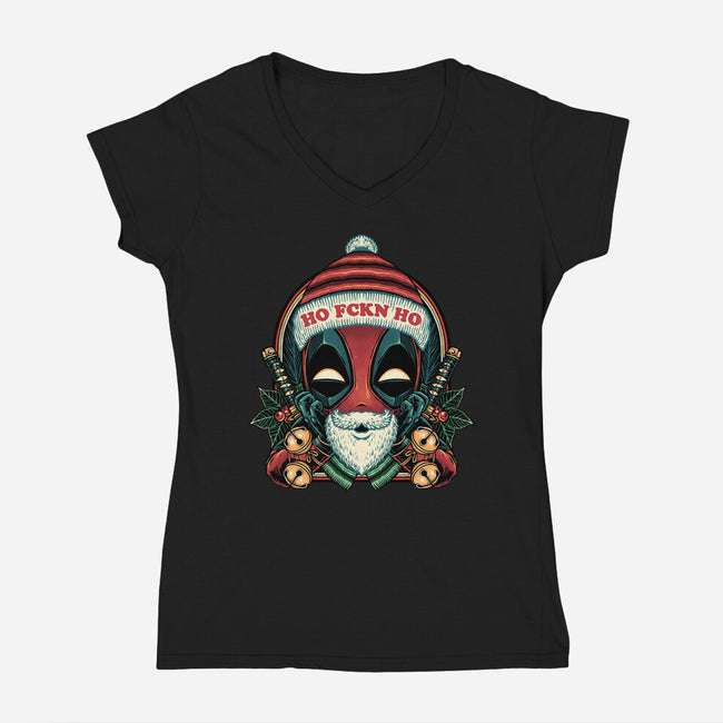 Ho Freakin Ho-Womens-V-Neck-Tee-glitchygorilla