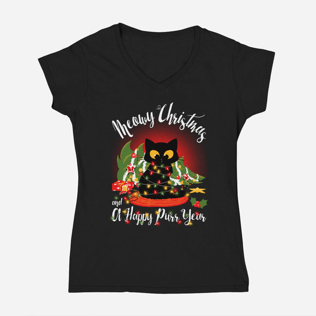 Meowy Christmas And A Happy Purr Year-Womens-V-Neck-Tee-Tronyx79