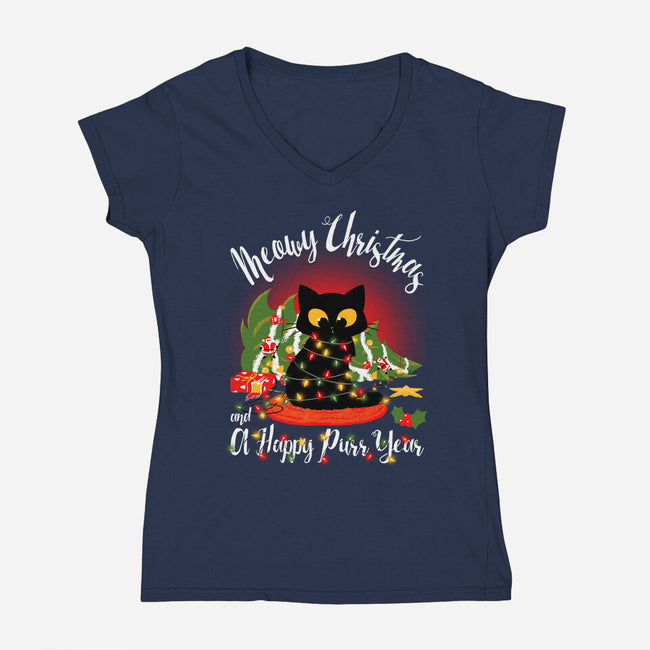 Meowy Christmas And A Happy Purr Year-Womens-V-Neck-Tee-Tronyx79