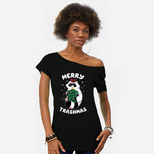 Merry Trashmas Xmas Raccoon-Womens-Off Shoulder-Tee-tobefonseca