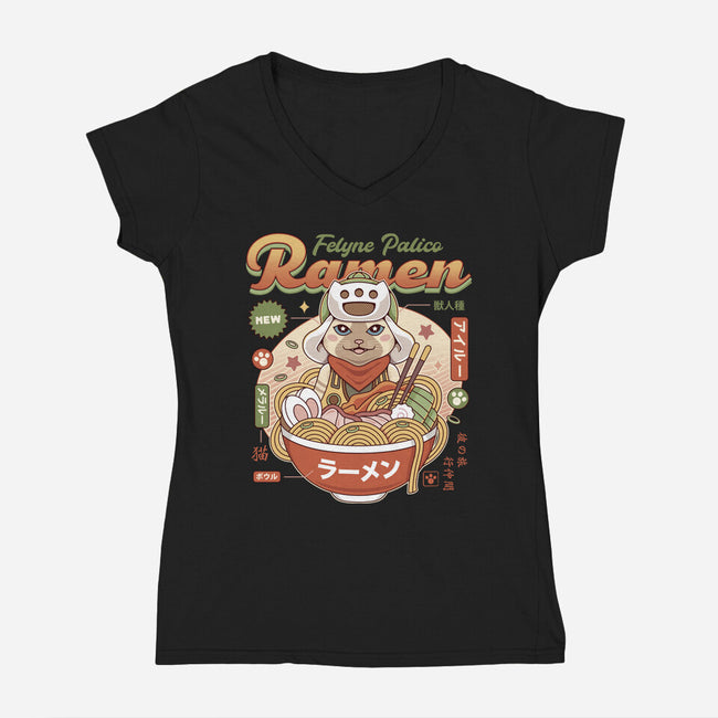 Felyne Palico Ramen-Womens-V-Neck-Tee-LAGELANTEE