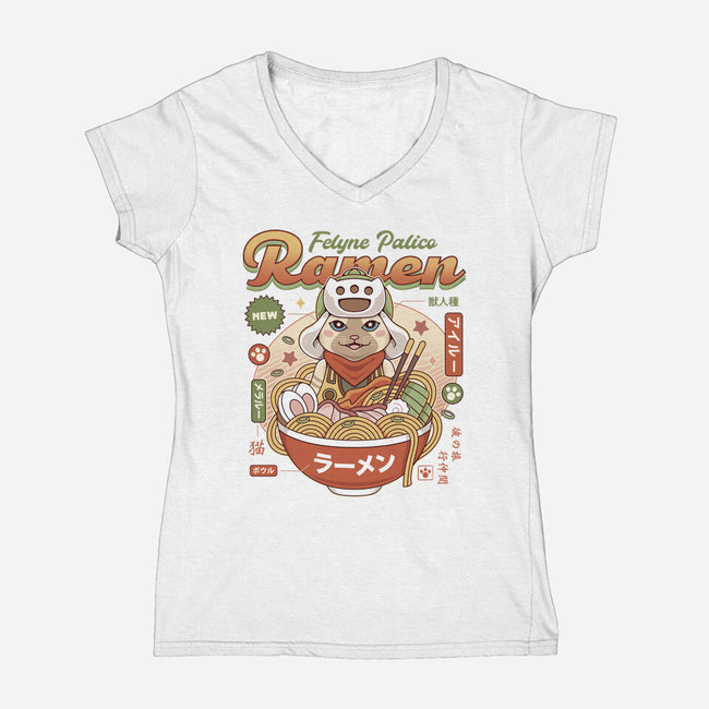 Felyne Palico Ramen-Womens-V-Neck-Tee-LAGELANTEE