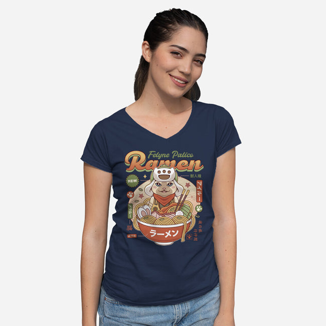 Felyne Palico Ramen-Womens-V-Neck-Tee-LAGELANTEE