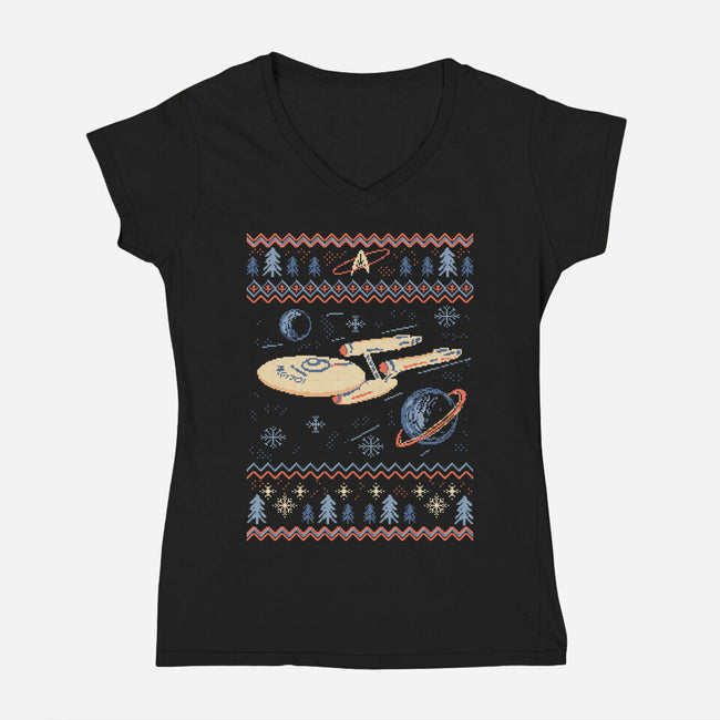 Space Night Xmas-Womens-V-Neck-Tee-marsdkart