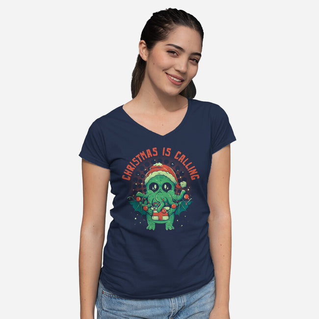 Christmas Is Calling-Womens-V-Neck-Tee-eduely