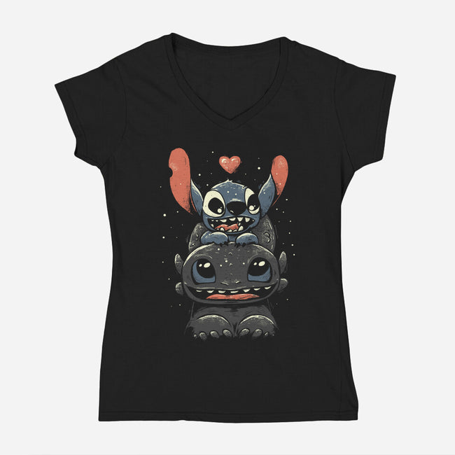 Stitch And Toothless-Womens-V-Neck-Tee-yumie