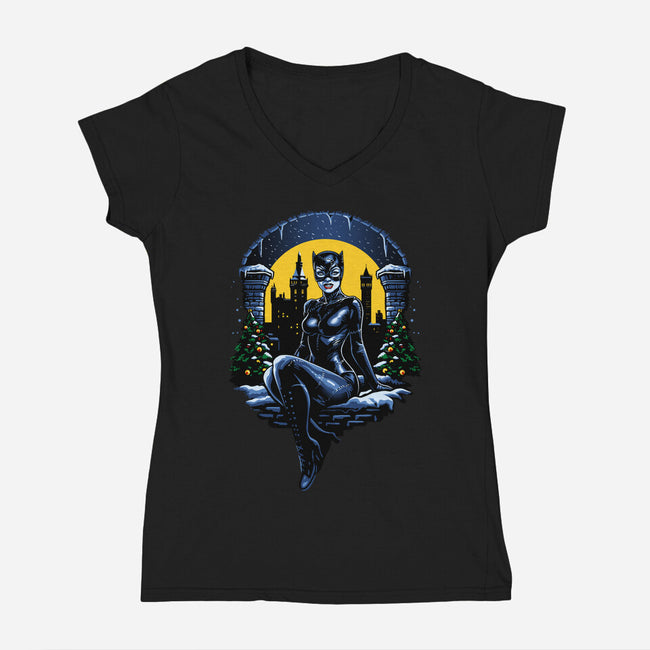 Christmas Kitty-Womens-V-Neck-Tee-daobiwan