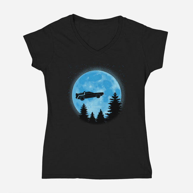 DeLorean And Moon-Womens-V-Neck-Tee-Astrobot Invention