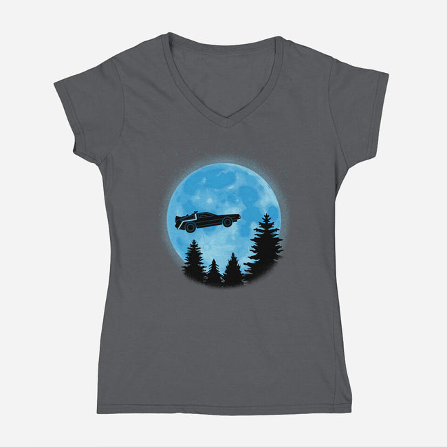 DeLorean And Moon-Womens-V-Neck-Tee-Astrobot Invention