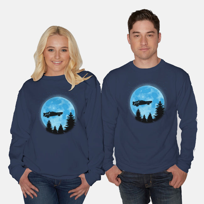 DeLorean And Moon-Unisex-Crew Neck-Sweatshirt-Astrobot Invention