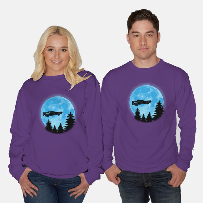 DeLorean And Moon-Unisex-Crew Neck-Sweatshirt-Astrobot Invention