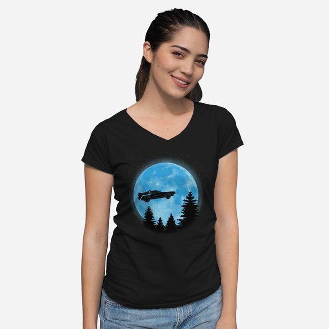 DeLorean And Moon-Womens-V-Neck-Tee-Astrobot Invention