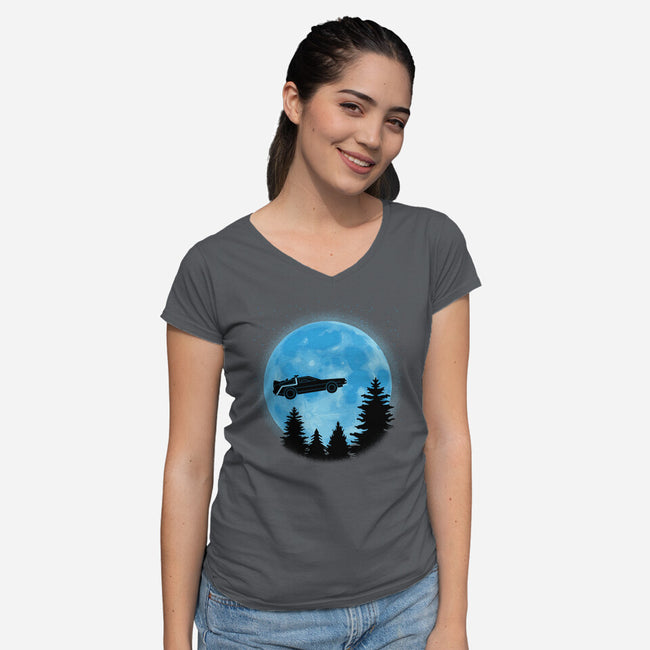 DeLorean And Moon-Womens-V-Neck-Tee-Astrobot Invention