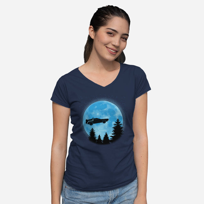 DeLorean And Moon-Womens-V-Neck-Tee-Astrobot Invention