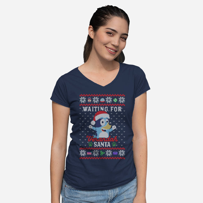 Waiting For Verandah Santa-Womens-V-Neck-Tee-zachterrelldraws