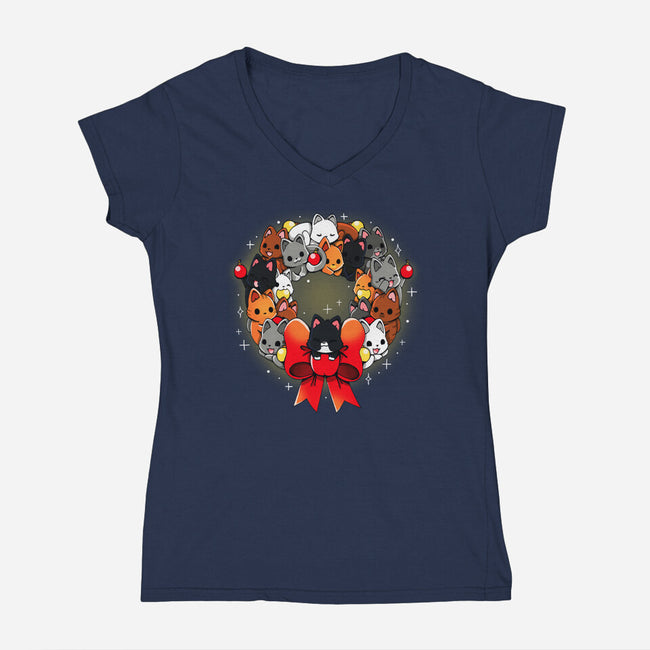 Kittens Christmas Wreath-Womens-V-Neck-Tee-Vallina84