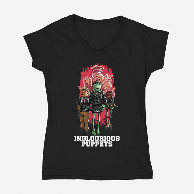 Inglourious Puppets-Womens-V-Neck-Tee-zascanauta