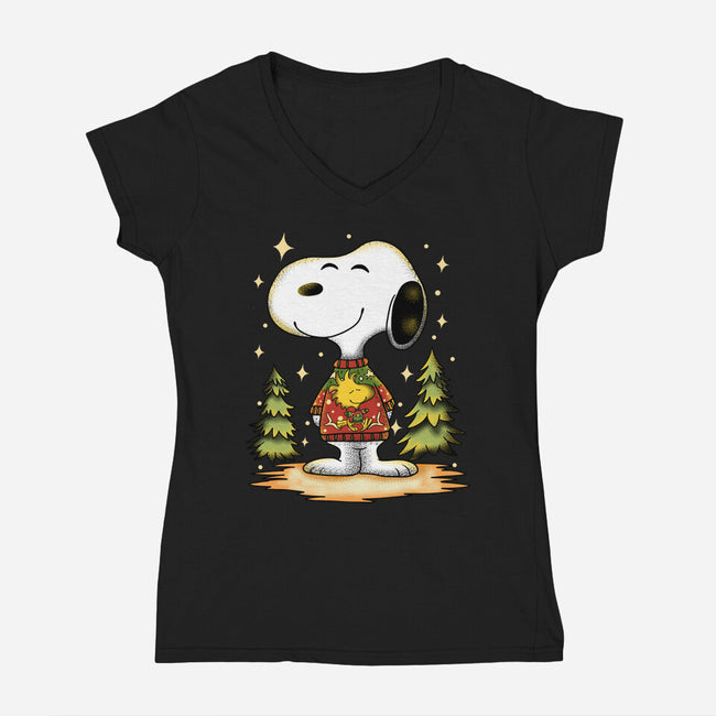 Snoopy's Cozy Christmas-Womens-V-Neck-Tee-JamesQJO