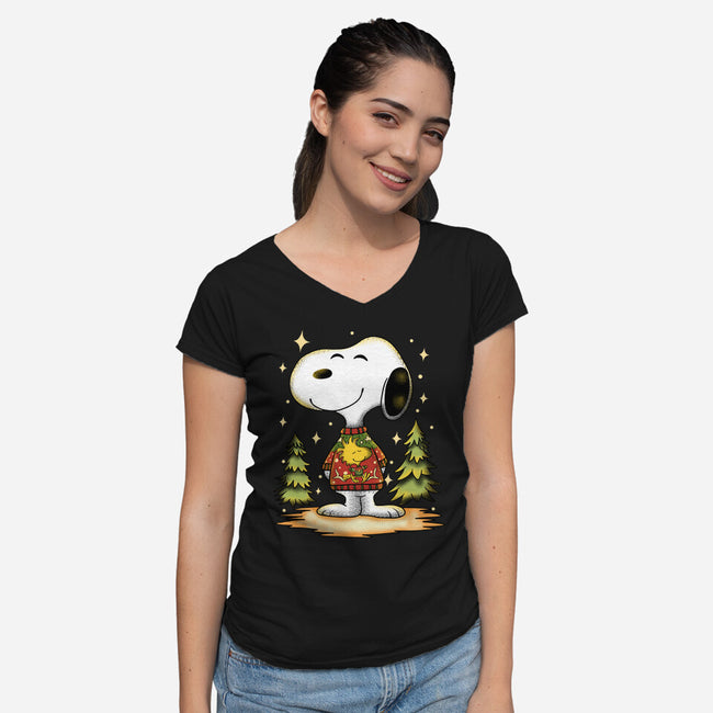 Snoopy's Cozy Christmas-Womens-V-Neck-Tee-JamesQJO