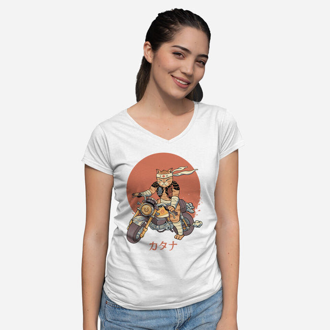 Biker Gang Catana Meowster-Womens-V-Neck-Tee-vp021