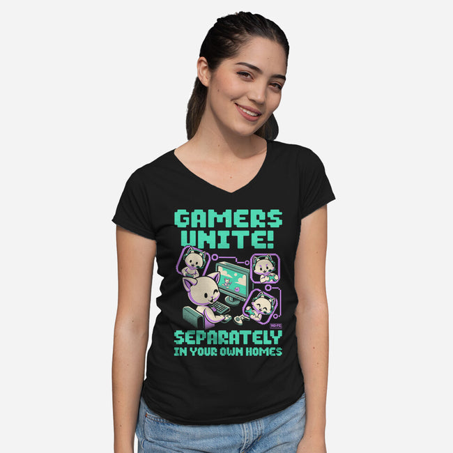 Gamers United-Womens-V-Neck-Tee-worlddominationforcats