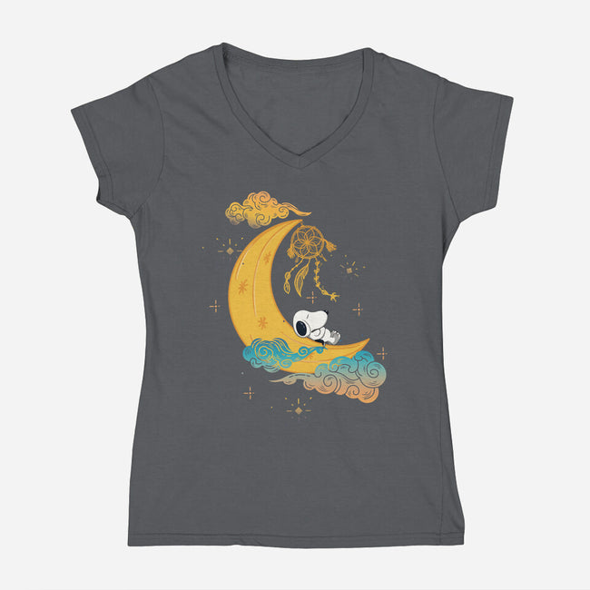 Snoopy Moon-Womens-V-Neck-Tee-MaxoArt