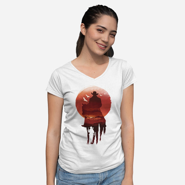 Red Sunset Cowboy-Womens-V-Neck-Tee-dandingeroz